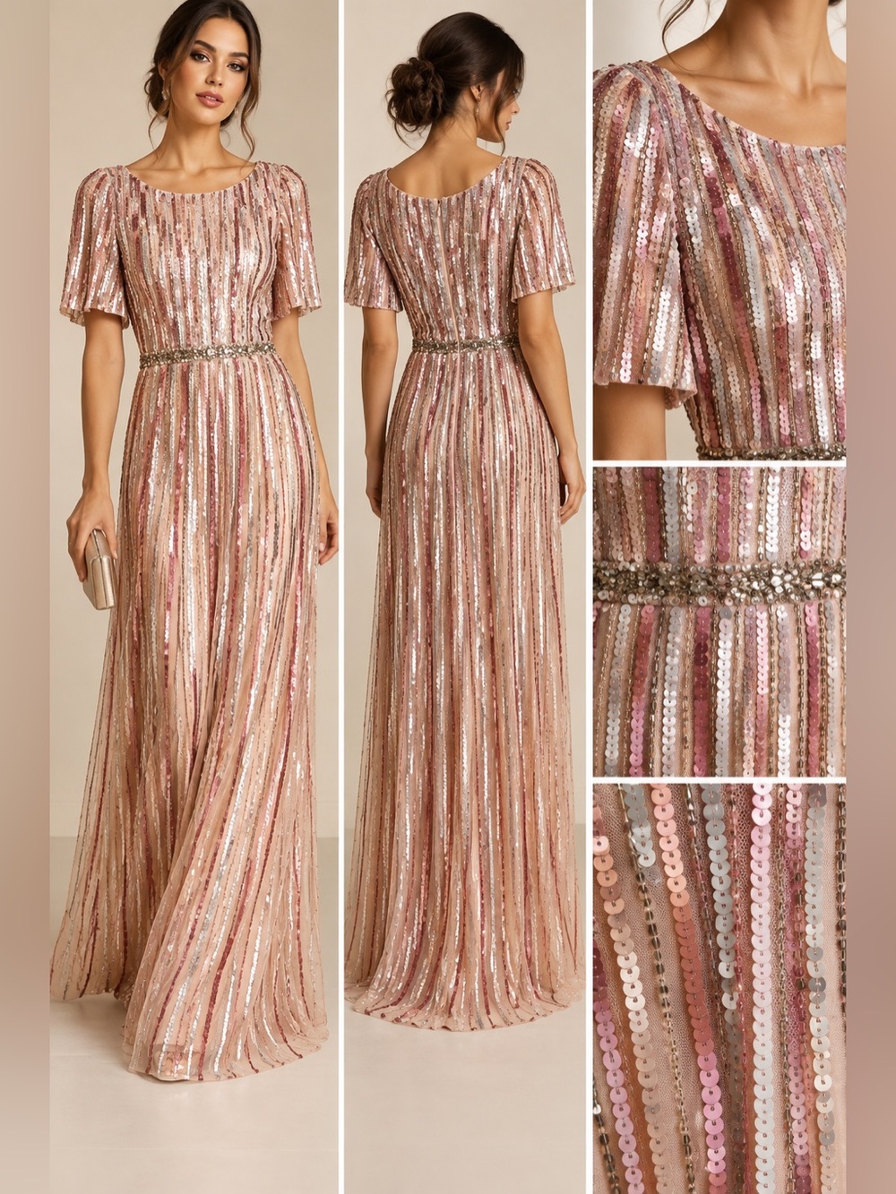 Mac Duggal Size 14 Rose Gold Sequin Beaded Maxi Gown NWT Formal Evening Dress